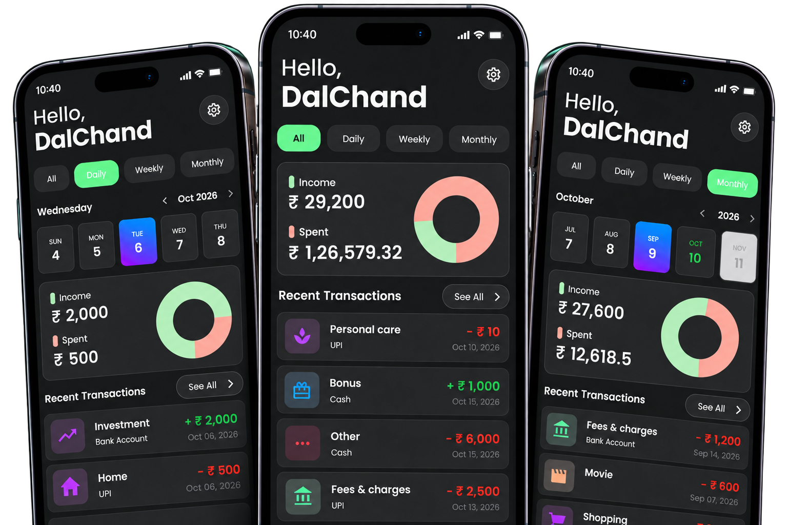 SpendTrack home screen on three phones showing the All, Daily and Monthly views with income, spending and recent transactions